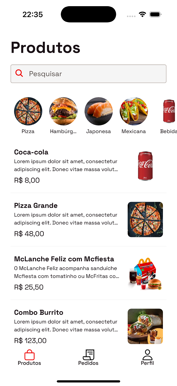Food delivery app home screen